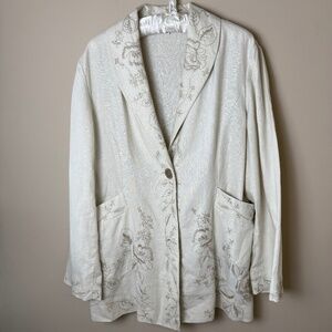 J Jill 100% Linen Blazer Womens Large Cream Beige Jacket Floral Embroidery